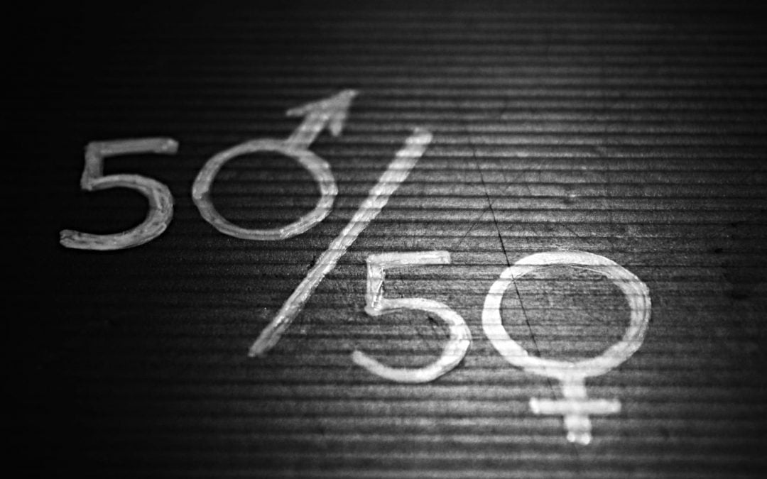 A gender equality sign saying 50 50 with the gender signs on the 0s