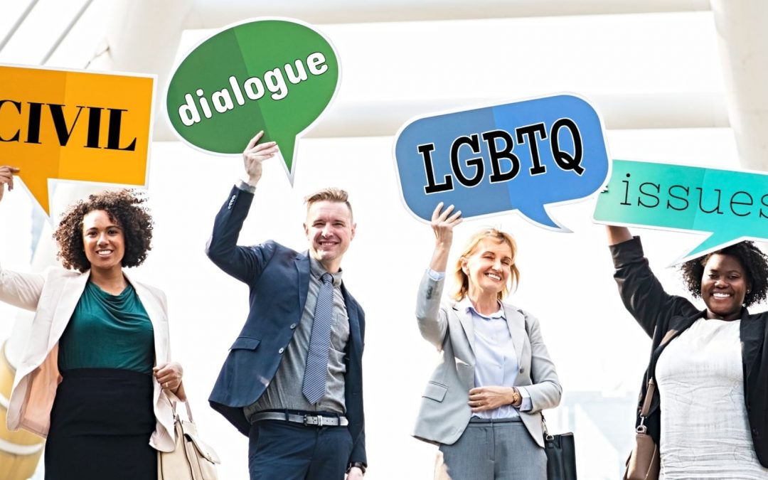 Four people holding dialogue bubbles