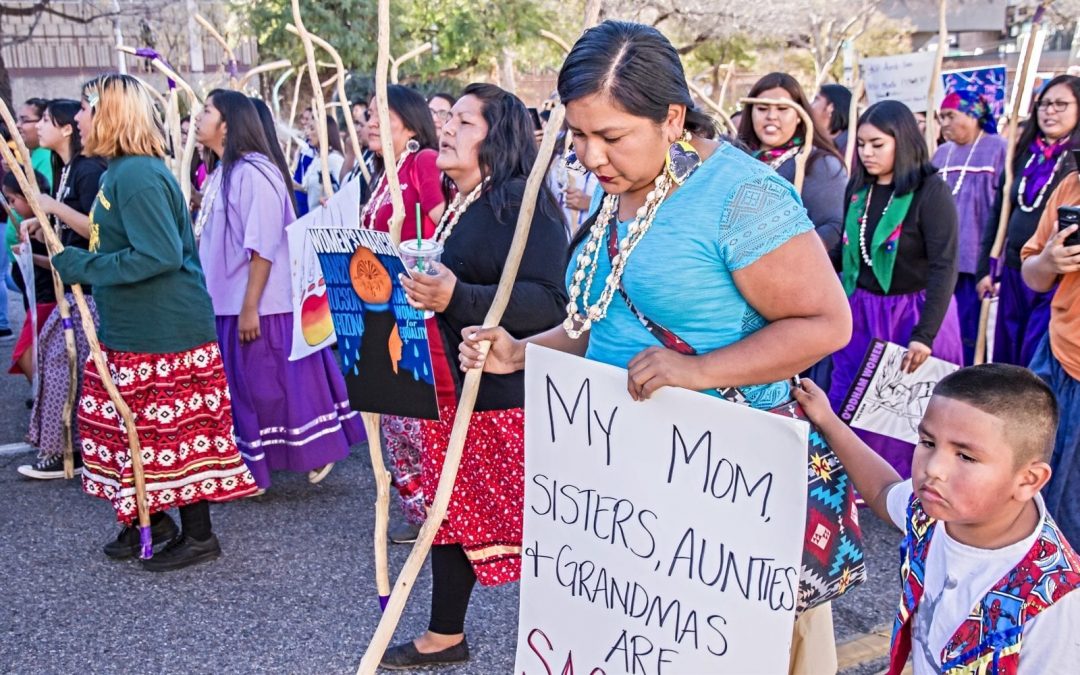 Native American women march in protest for women’s rights