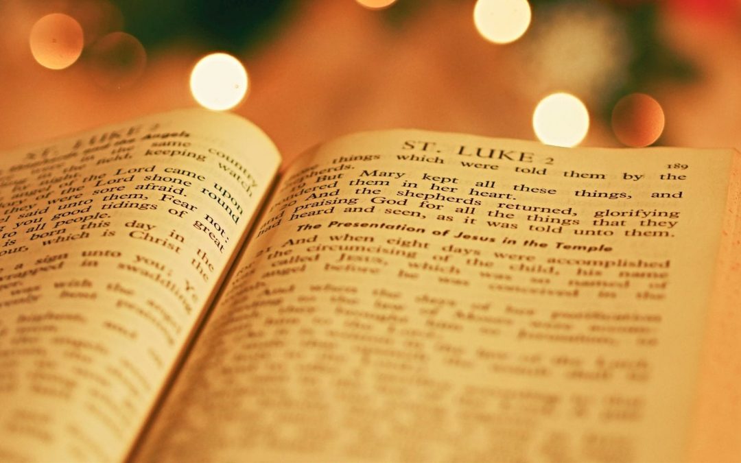 Bible open to Luke with Christmas lights in background